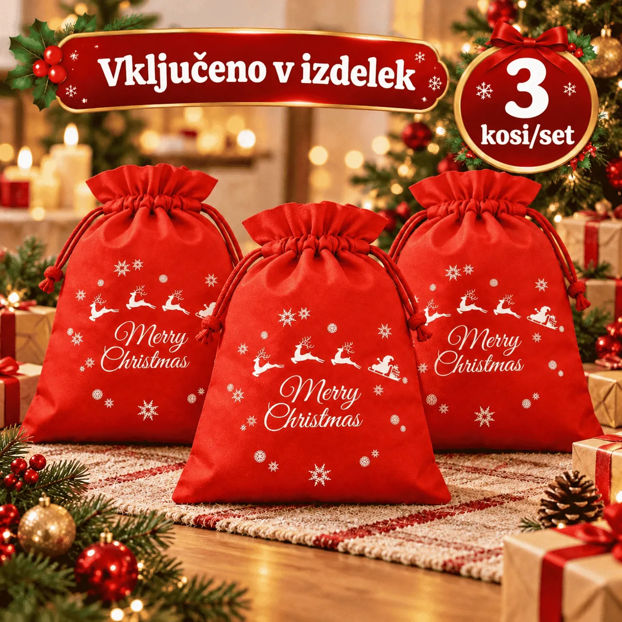 Božićne platnene vrećice, 3x vrećice - Image 2